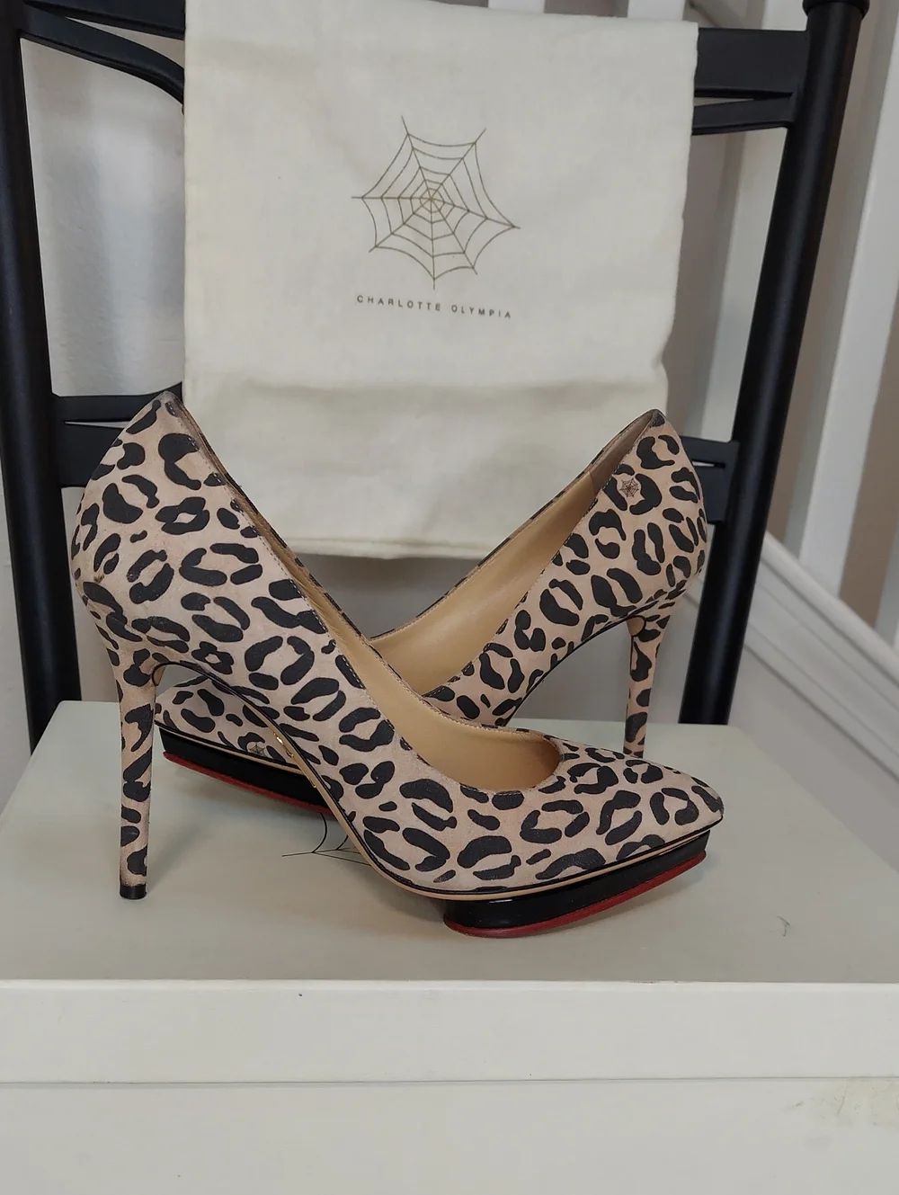 Charlotte Olympia Shoes, Size 6.5, Leopard Print Leather Platform Heels